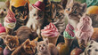 A photo collage of cats, pets, elephants, and bears with ice cream, in the style of uhd image, candid celebrity shots, AI generated