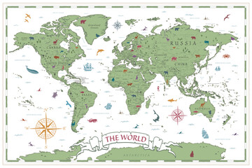 Wall Mural - World Map Vintage Ancient Cartoon - Vector Illustration. Multicolored