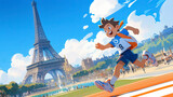 Fototapeta Dinusie - Child running in sportswear against the backdrop of the Eiffel Tower