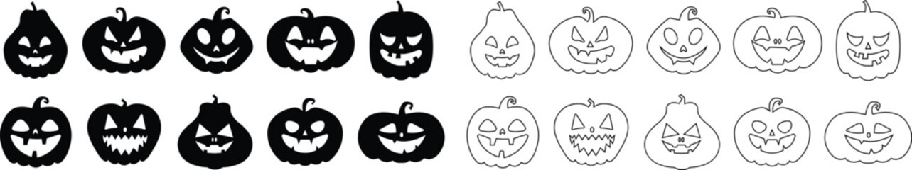 Collection of Halloween pumpkins carved faces silhouettes icons set. Black isolated face patterns on transparent background. Scary and funny faces of Halloween pumpkin or ghost. Vector flat or line.