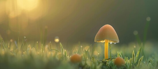 Wall Mural - A fungus, a mushroom, grows in the grass of a natural landscape at sunset, surrounded by terrestrial plant and water droplets. Macro photography captures the delicate petals of the plant