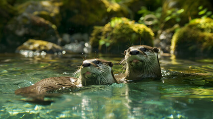 Wall Mural - Playful otters sliding down mossy riverbank into crystal-clear water