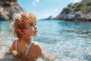 Wall Mural - A young child stands in clear waters against a backdrop of cliffs on a sunny day, exuding the joy of summer