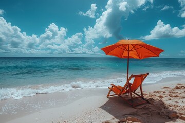 Wall Mural - A solitary beach chair awaits under a vibrant orange umbrella with clear blue skies and gentle waves