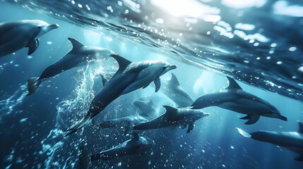 Wall Mural - Pod of playful dolphins frolicking in sparkling ocean waves