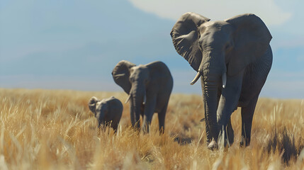 Wall Mural - Regal elephant family trekking across African savannah