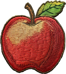 Wall Mural - Red apple embroidery patch with green leaf detail, cut out transparent