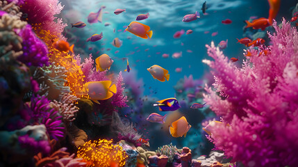 Wall Mural - Schools of colorful angelfish darting among vibrant coral reefs
