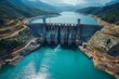 An awe-inspiring view of a colossal hydroelectric dam holding back the vibrant turquoise waters of a reservoir in a mountainous region