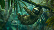 Sloth hanging lazily from a tree branch in the rainforest