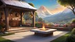 illustration vignette of a cozy outdoor space with elements such as a fire pit, pergola, and garden bed against the backdrop of a snowy mountain view and romantic sky colors. ai generated