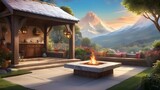 Fototapeta  - illustration vignette of a cozy outdoor space with elements such as a fire pit, pergola, and garden bed against the backdrop of a snowy mountain view and romantic sky colors. ai generated