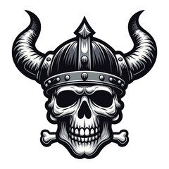Wall Mural - Viking head skull with horned helmet vector illustration, Nordic Scandinavian warrior, suitable for t-shirt, tattoo, logo design. Design template isolated on white background
