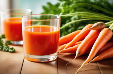 Wall Mural - Fresh carrot juice in glass cup on wooden table in kitchen. Healthy breakfast