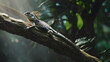 Sunbathing lizard perched on weathered branch in dense jungle