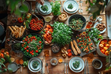 An abundant feast of healthy foods spread on a table showcasing variety and togetherness during a meal