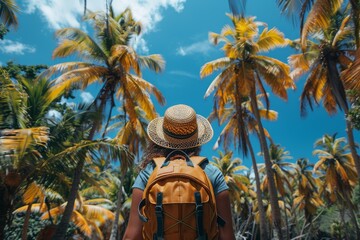 Wall Mural - A traveler with a straw hat and backpack gazes up at the lush palm trees in a sun-soaked tropical paradise
