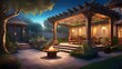 sketch illustration of a comfortable outdoor space with elements such as a fire pit, pergola, and garden bed in a romantic sky color. ai generated