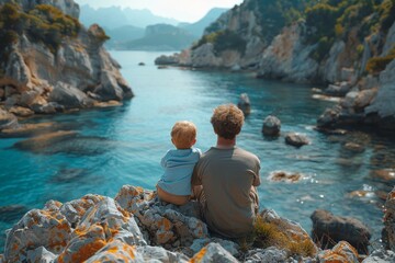 A heartwarming scene of a father and son seated on rocky terrain, overlooking a serene blue coastal landscape