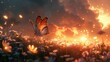 Butterfly on daisies in magical sunset light - Majestic butterfly alights on daises as sunset gives a warm, magical backdrop creating a tranquil and romantic scene