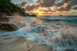 Long exposure captures waves crashing on beach at sunset