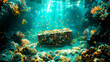 Ancient chest lies on sandy bottom of sea. Gold coins are visible in chest, Colorful fish swim around chest. Blue water, algae, corals, rays of sun through water illuminate gold coins and they shine.