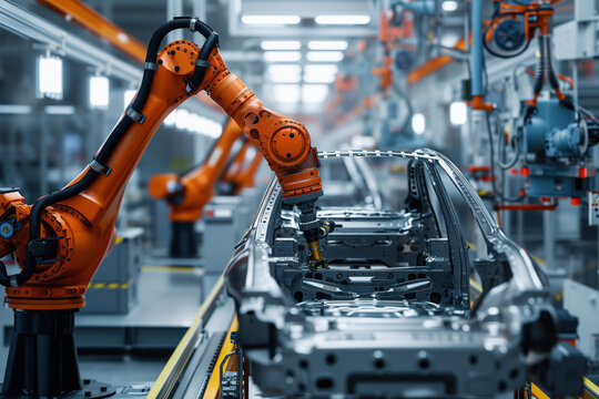 On modern automobile production high tech assembly line, robots assemble cars at auto industry factory AI Generative