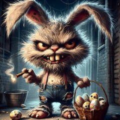 Wall Mural - Happy Easter, Bad Easter, bunny had shaggy, dirty fur, his eyes were big and red and he was smoking with an Easter basket he was carrying and cracked eggs with some baby chicks in dirty alley at night