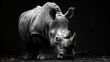A rhino is standing in front of a black background