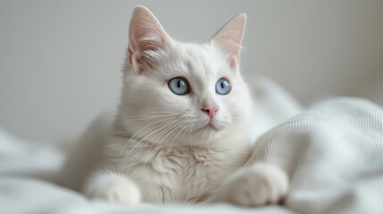 Wall Mural - A white cat with blue eyes is laying on a bed