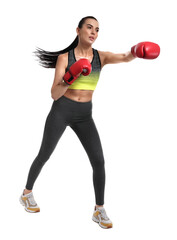 Poster - Beautiful woman in boxing gloves training on white background