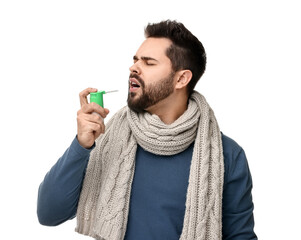 Sticker - Young man with scarf using throat spray on white background