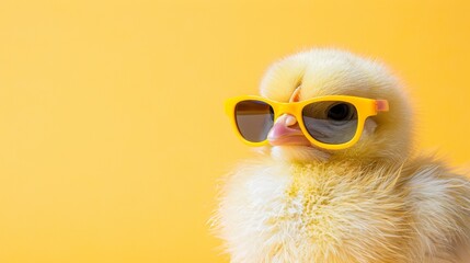 Wall Mural - Playful chicken in sunglasses on pastel background, cute farm animal portrait with text space