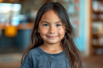 Wall Mural - A young girl with long brown hair is smiling at the camera