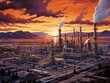 aerial top view of an expansive industrial complex at sunset. Chemical oil refinery plants and power plants sprawl across the landscape, with metal pipes crisscrossing the scene. 