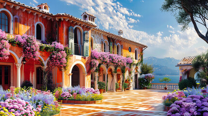 Wall Mural - Mediterranean Elegance, Vibrant Streets and Flower-Laden Houses, Greek Summer Dream