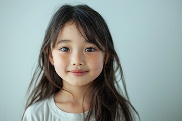 A young girl with long hair and a white shirt is smiling at the camera