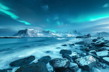  The aurora borealis illuminates the ocean and mountains under the night sky