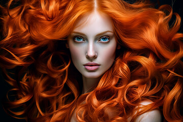 Wall Mural - A striking woman with long, fiery red hair contrasts against her pale complexion