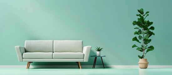 Wall Mural - Cozy Couch with Green Indoor Plant on Podest on Infinite Background