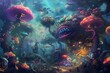 Colorful surreal image of a whimsical wonderland with strange creatures vibrant colors and a joyful atmosphere. Concept Fantasy, Surrealism, Whimsical, Vibrant Colors, Joyful Atmosphere