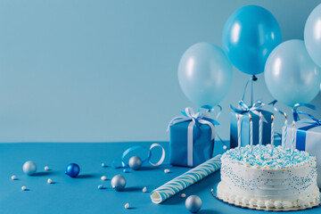 Wall Mural - birthday cake, gift boxes and air balloons over blue background with copy space