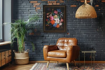 Sticker - A cozy living room featuring a stylish leather chair against a rustic brick wall, creating a warm and inviting space