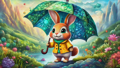 Wall Mural - oil painting style, CARTOON CHARACTER CUTE rabbit in a yellow raincoat holding an umbrella