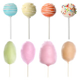 Fototapeta Zwierzęta - Tasty cake pops and cotton candies isolated on white, set