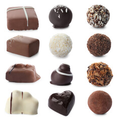 Wall Mural - Delicious chocolate candies isolated on white, set