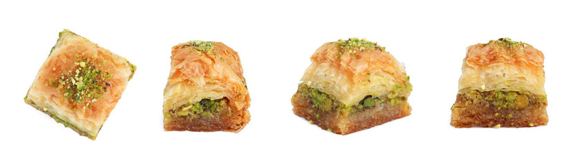 Sticker - Eastern sweets. Pieces of delicious fresh baklava with chopped nuts isolated on white, set