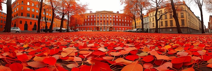 Poster - A vibrant field teems with red leaves, creating a vivid tapestry against a backdrop of distant buildings. The scene evokes a sense of seasonal transition and natural beauty