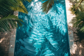 Wall Mural - A tranquil pool sits amidst lush palm trees, reflecting the clear blue skies above, inviting relaxation and rejuvenation