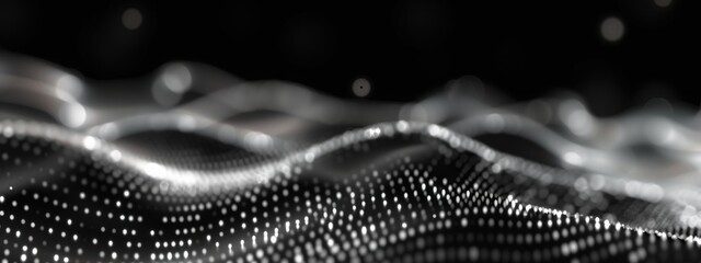 Wall Mural - Abstract 3d banner with white dots, waves and lines on a black background. Geometric dark wallpaper with molecular plexus mesh with copy space for text. Design concept for modern IT technologies ads
